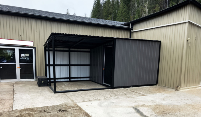 Commercial storage shed outside Score Construction head office