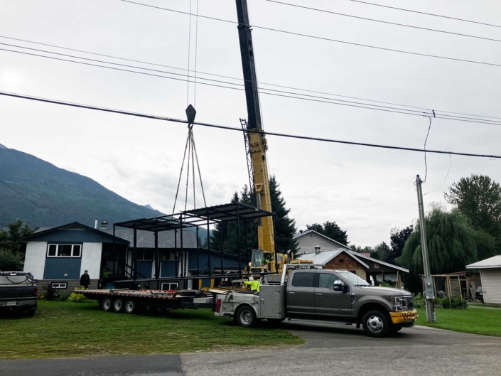 30ft RV Storage structure crane installation to back yard of residential home