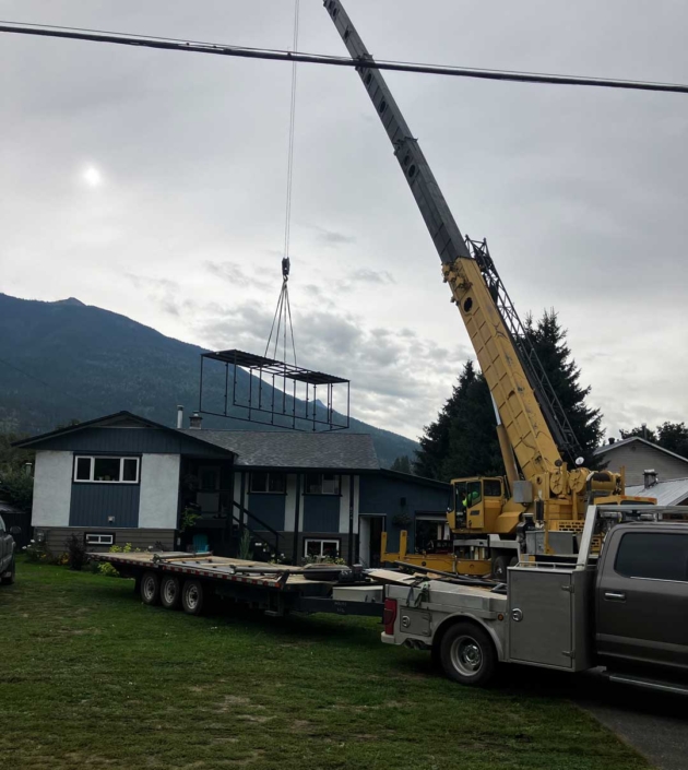 30ft RV Storage structure crane installation to back yard of residential home